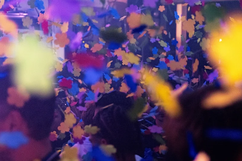 Pluie de Confettis de fleur qui tombent sur les gens, et en meme temps en premier plan sur l'objectif